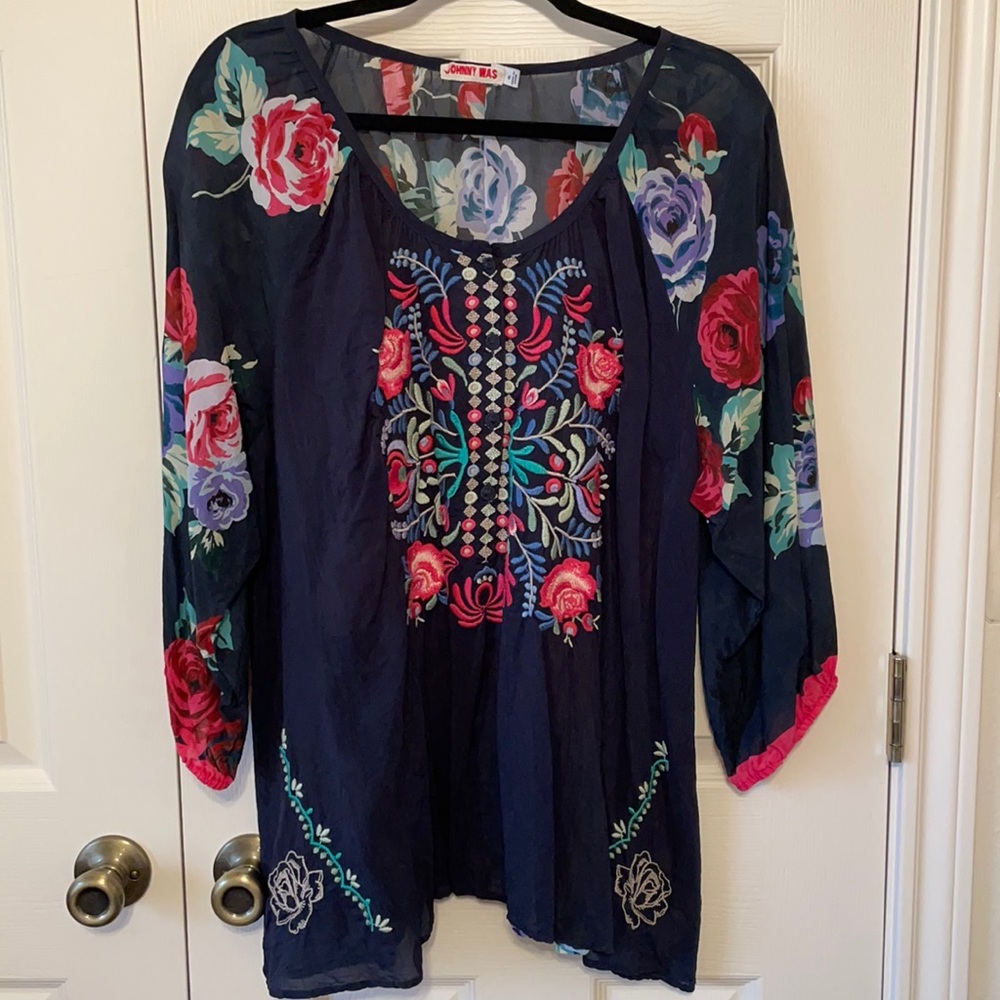 Navy floral Johnny Was tunic top